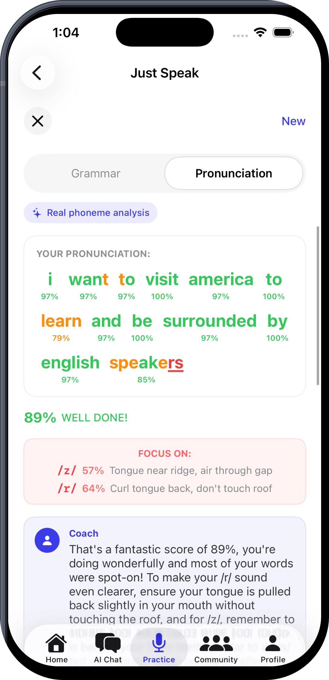 Lingova app showing real-time pronunciation feedback